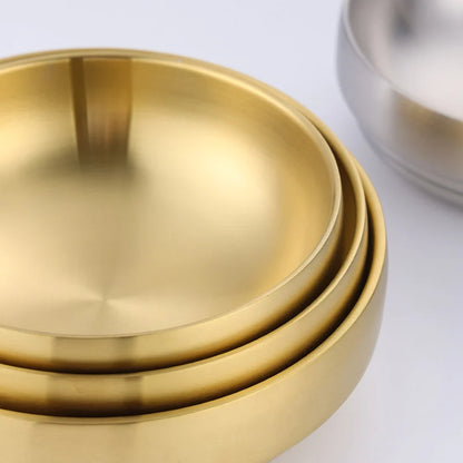 Stainless Steel Double Layer Cold Noodle Bowl Gold Silver