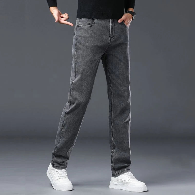 Men's Slim Denim Jeans Casual Elastic Trousers Black Gray