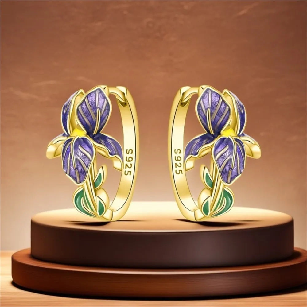 S925 Sterling Silver Iris Flower Hoop Earrings for Women