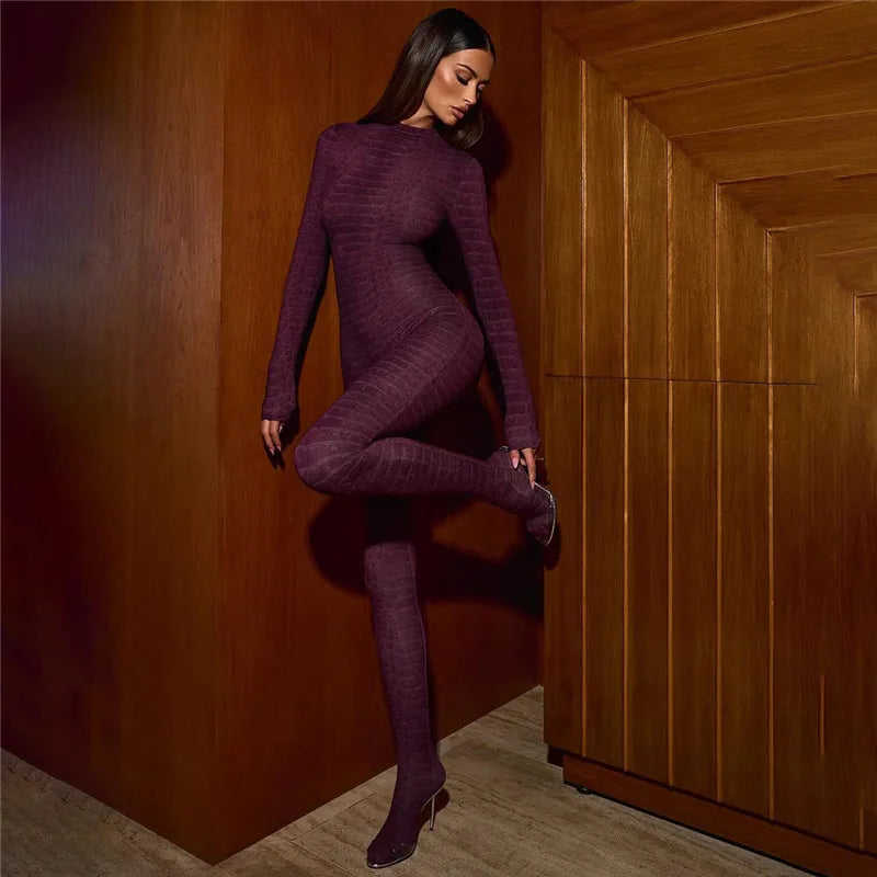Plaid Bodycon Jumpsuit Women Turtleneck Fitness Clothing