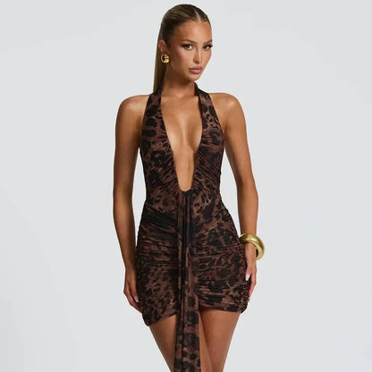 Leopard Print Halter Mini Dress for Women