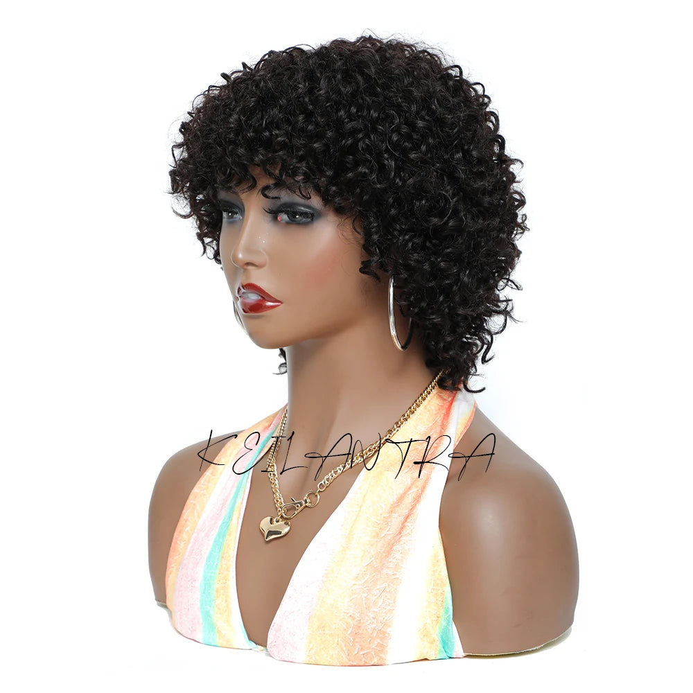 Pixie Cut Afro Curly Human Hair Wig with Bangs