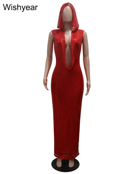 Luxury Red Hooded Dress for Women with Sequins