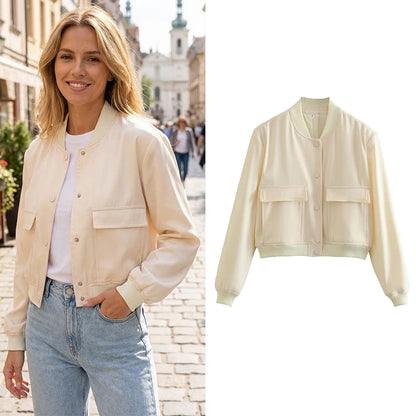 Willshela Women Solid V-Neck Bomber Jacket