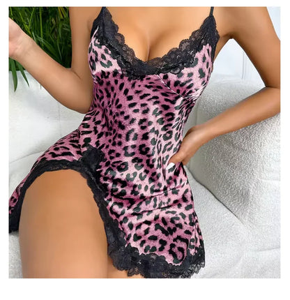 Leopard Silk Satin Nightgown with Lace Decoration