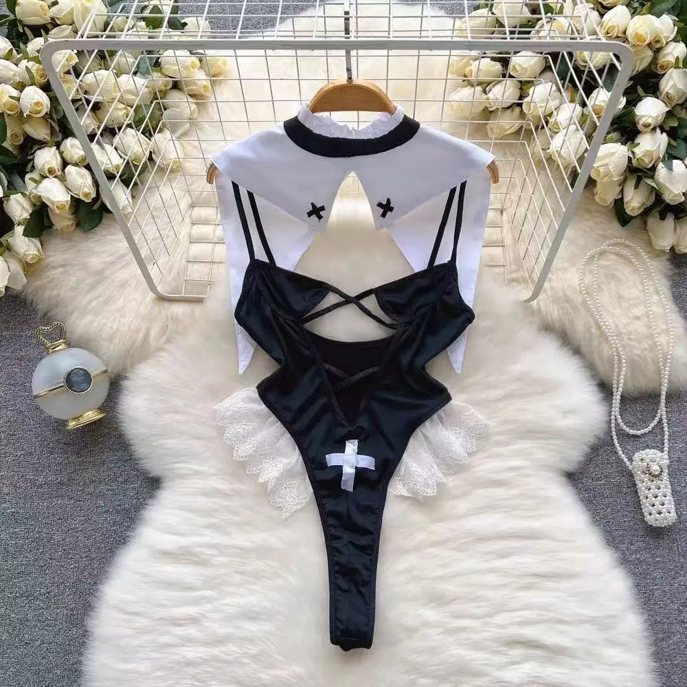 Women Transparent Lace Up Halter Bodysuit Romper