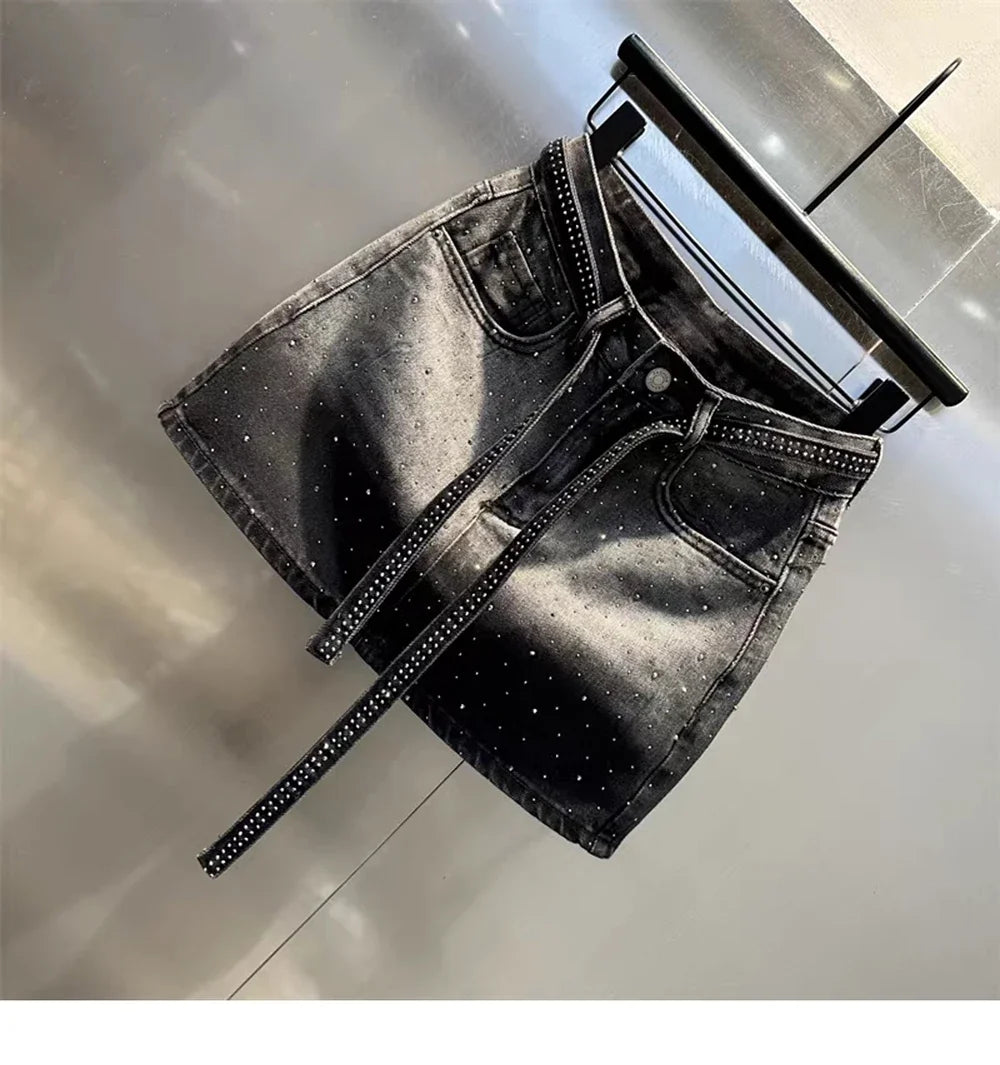 Oversize Diamond Denim Mini Skirt Women Gradient Black Grey