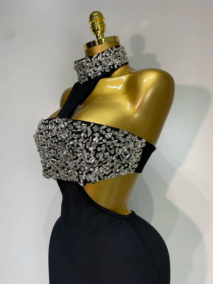 Black Bodycon Bandage Dress with Sparkly Crystals