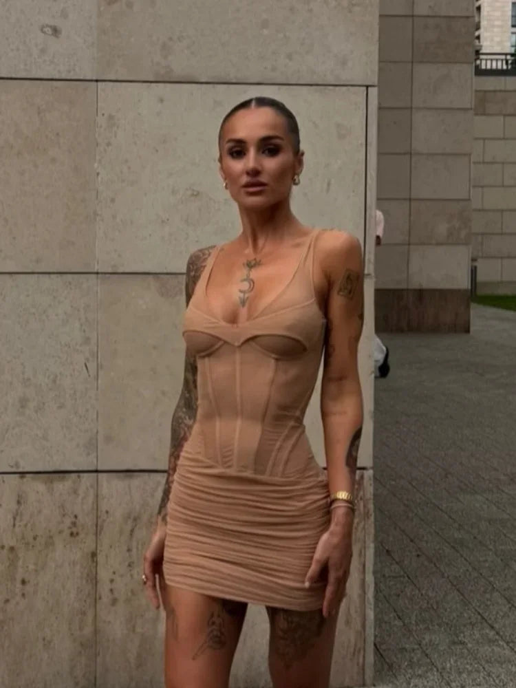 Elegant Fishbone V-neck Mini Dress Women Sleeveless Polyester