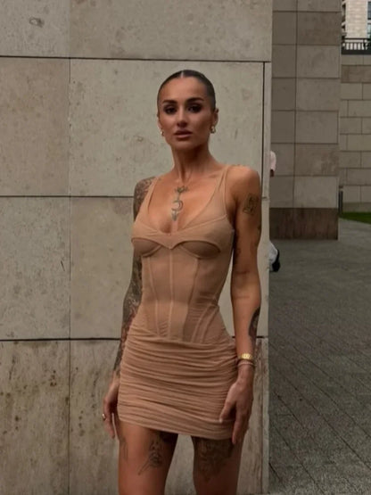 Elegant Fishbone V-neck Mini Dress Women Sleeveless Polyester