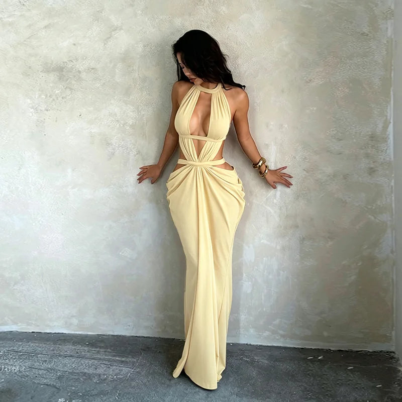 Khaki Halter Cut-Out Maxi Dress for Elegant Parties