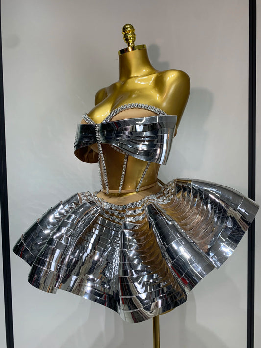Women Silver Sequins Two Piece Stage Costume