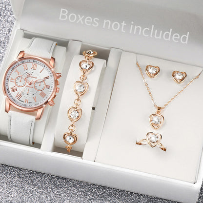 Fashion Women's Quartz Watch Leather Band Jewelry Set