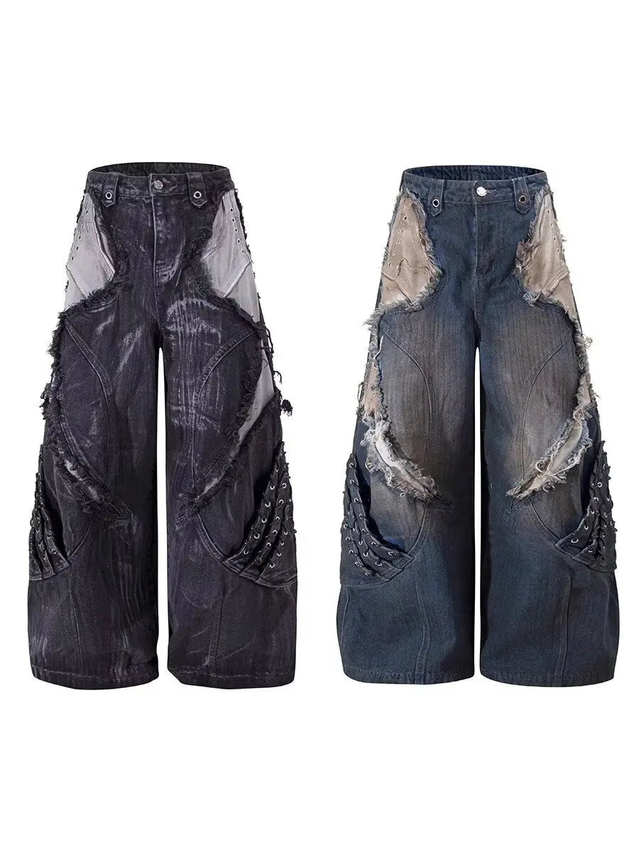 Vintage Distressed Wide Leg Cargo Jeans for Women
