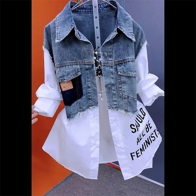 Splicing Denim Jacket Women Casual Jean Coat