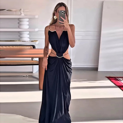 Backless Halter Dress for Women in Solid Polyester