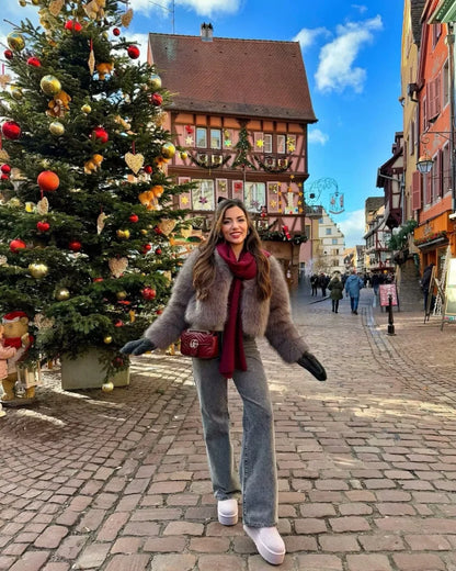 Women's Faux Fur Round Neck Short Jacket