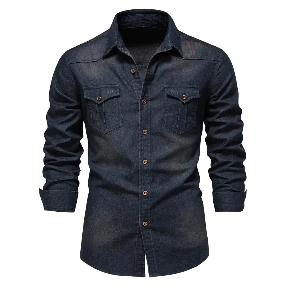 Elastic Cotton Denim Shirt Men Long Sleeve Casual