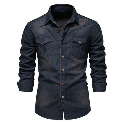 Elastic Cotton Denim Shirt Men Long Sleeve Casual