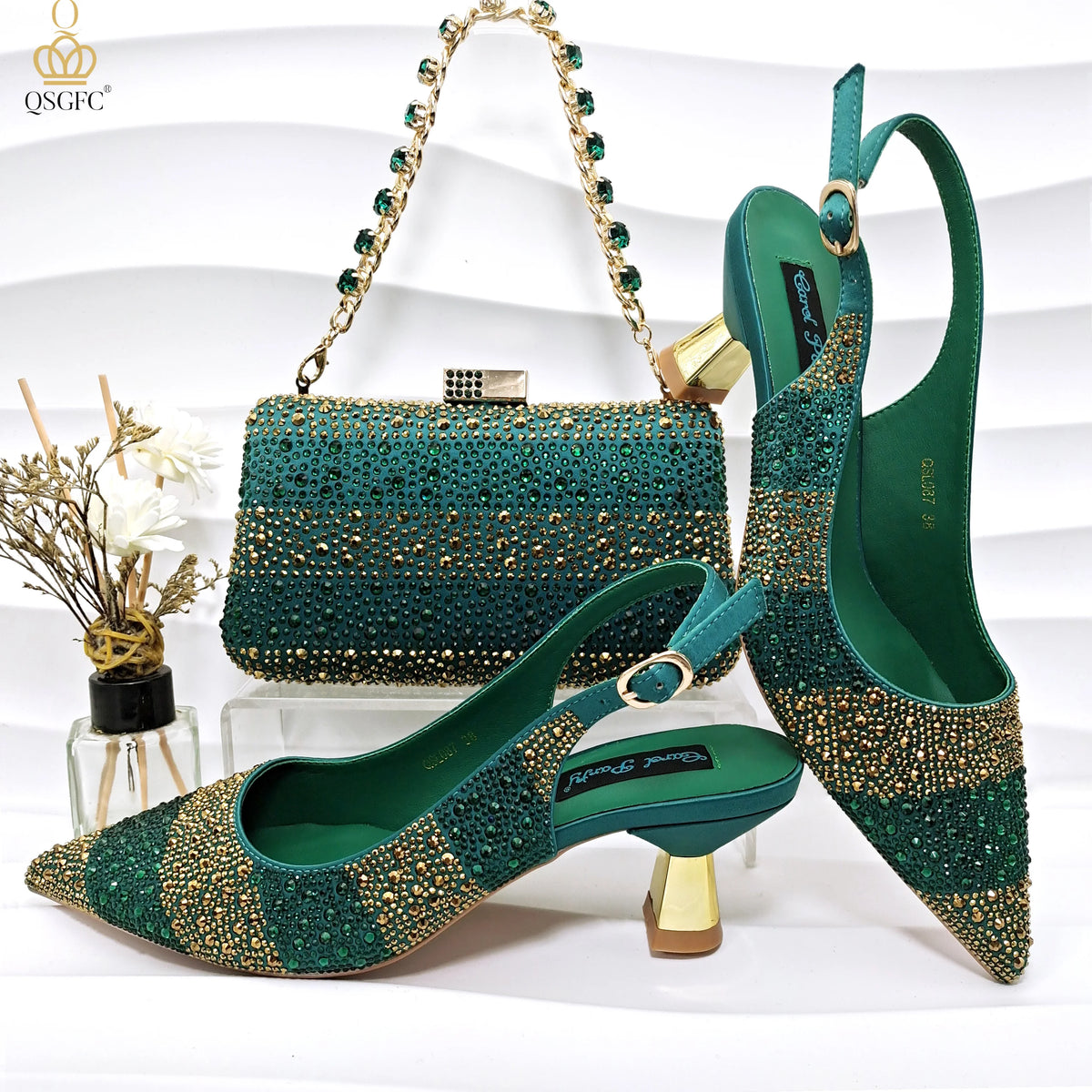 Italian Luxury Green Rhinestone Shoes and Bag Set