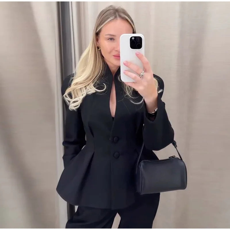 Chic Waist Cinched Women's Blazer Coat with Stand Collar