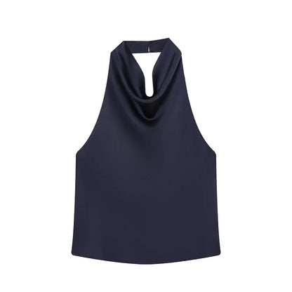 Black Satin Backless Halter Top for Women