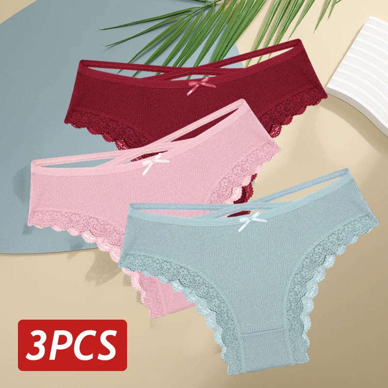 3PCS Women Cotton Lace Brazilian Panties Set S-XL