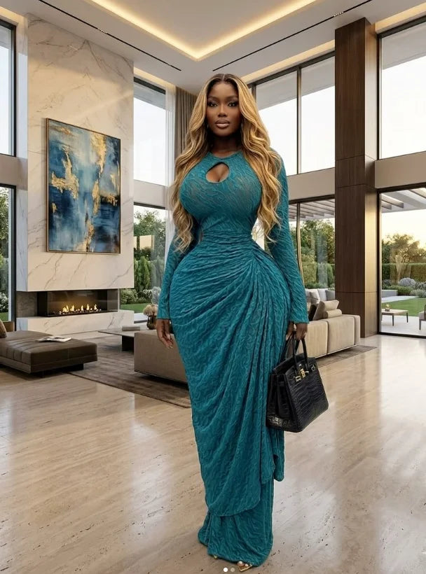 O-neck Ruched Long Sleeve Bodycon Maxi Dress
