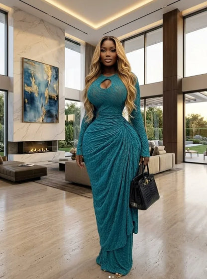 O-neck Ruched Long Sleeve Bodycon Maxi Dress