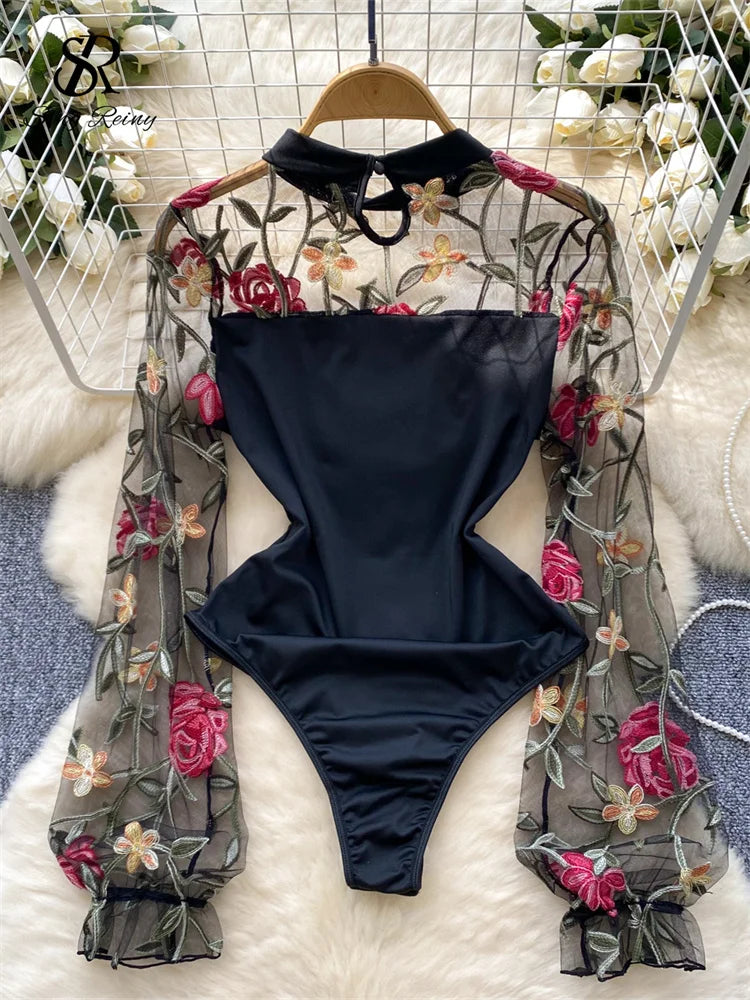 SINGREINY Vintage Embroidery Gauze Bodysuit for Women