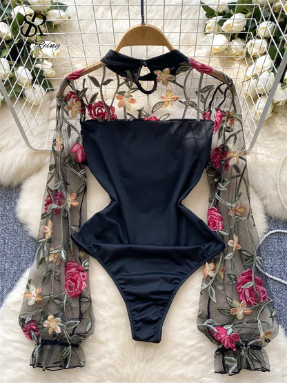 SINGREINY Vintage Embroidery Gauze Bodysuit for Women