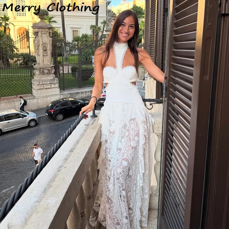 Sexy Lace Patchwork Halter Evening Gown for Women