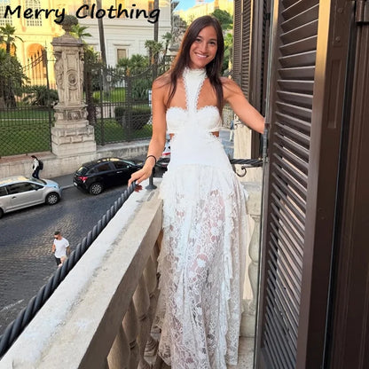 Sexy Lace Patchwork Halter Evening Gown for Women
