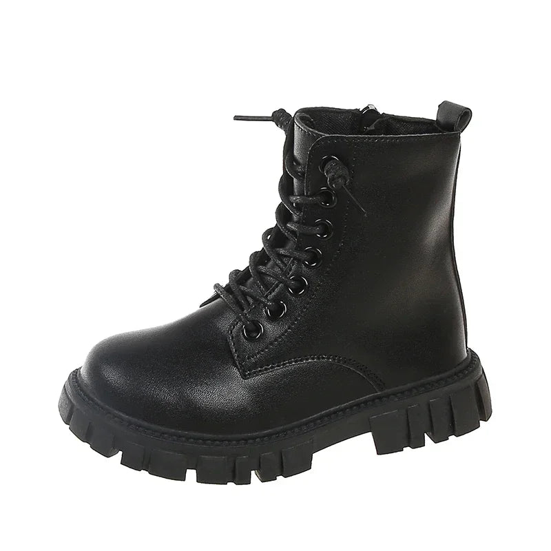 Girls Black Leather Ankle Boots with Thick Sole