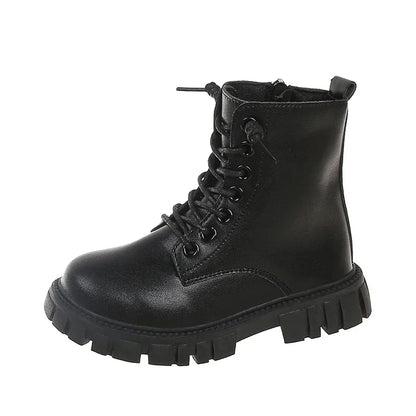 Girls Black Leather Ankle Boots with Thick Sole