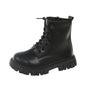 Girls Black Leather Ankle Boots with Thick Sole