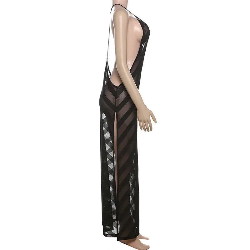 Mesh See Through Halter Maxi Dress for Women