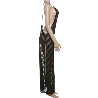 Mesh See Through Halter Maxi Dress for Women