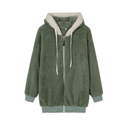 Loose Plush Zipper Hooded Jacket for Women