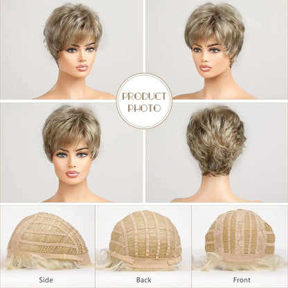 Light Blonde Mixed Off-White Pixie Cut Wig with Bangs