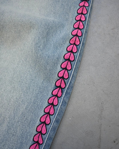 Y2K High Waist Baggy Jeans with Pink Heart Embroidery