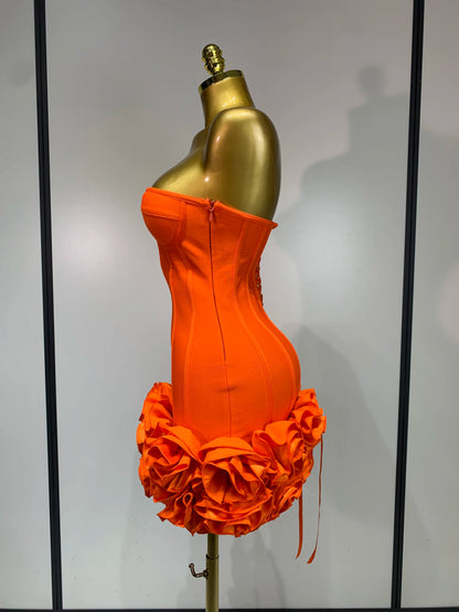 Women Strapless Backless Flower Embellished Mini Dress