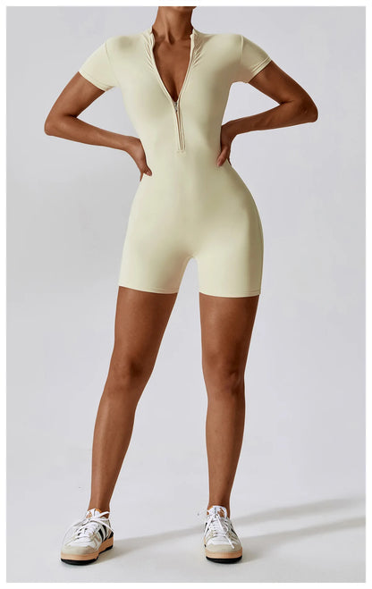 Summer Zipper Short Sleeve Yoga Bodysuit for Women
