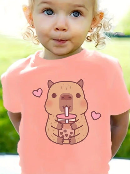 Capybara Print Girls Summer T-Shirt Short Sleeve