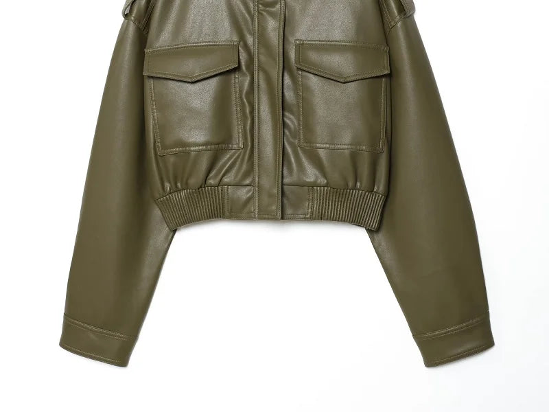 MUJER Faux Leather Cropped Bomber Jacket for Women