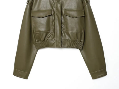 MUJER Faux Leather Cropped Bomber Jacket for Women