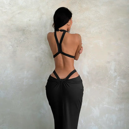 Khaki Halter Cut-Out Maxi Dress for Elegant Parties