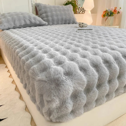 Fluffy Plush Fitted Bed Sheet Rabbit Fleece Solid Color