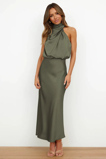 Elegant Silk Satin Sleeveless Long Dress for Women