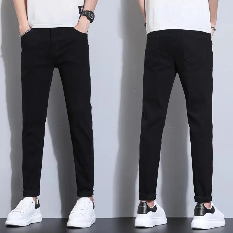 Mens Slim Fit Denim Pencil Pants Black White Stretch Jeans